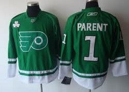 Bernie Parent St. Patrick's Day Philadelphia Flyers green jersey