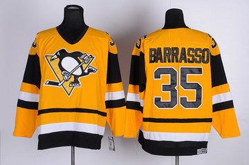 Tom Barrasso Pittsburgh Penguins yellow Throwback jersey