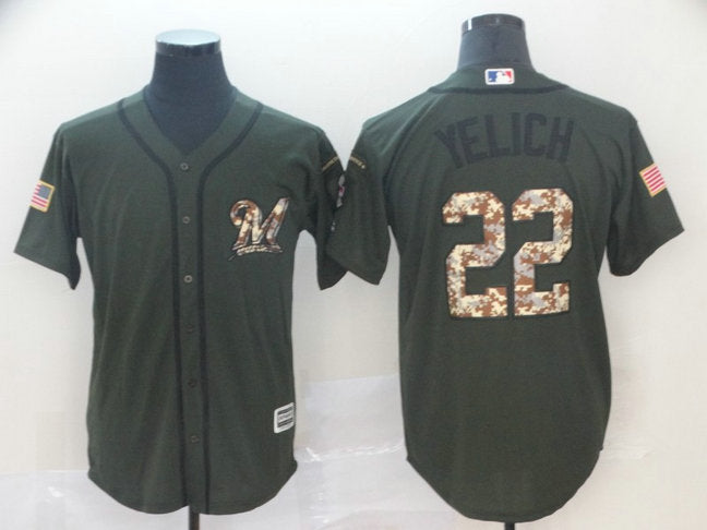 Christian Yelich Milwaukee Brewers olive Salute To Service jersey