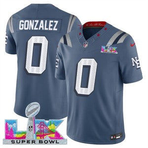 Christian Gonzalez Storm New England Patriots blue Vapor jersey