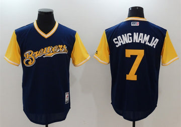 Eric Thames Sang Namja Majestic Milwaukee Brewers navy jersey