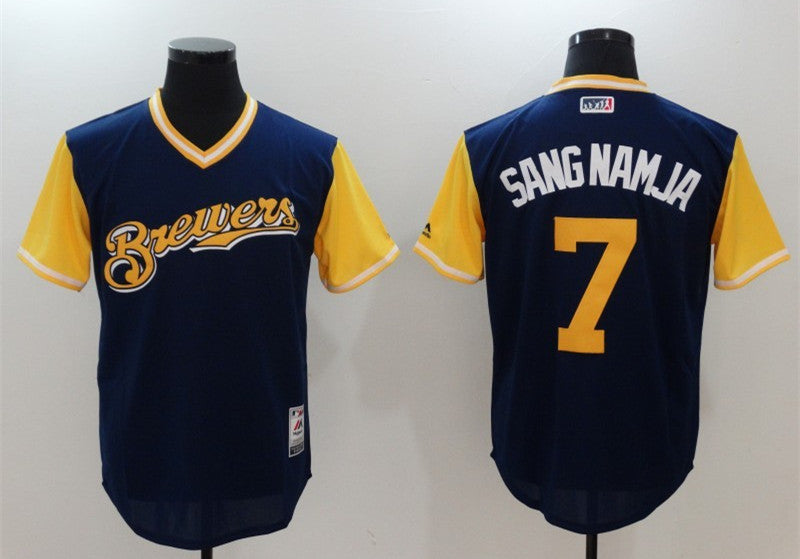 Eric Thames Sang Namja Majestic Milwaukee Brewers navy jersey