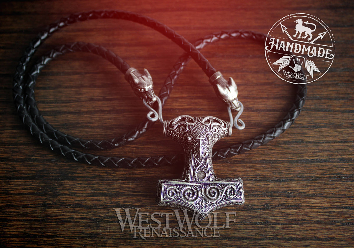 Viking Thor's Hammer Necklace - Gold Mjolnir Necklace with Wolf Heads, Viking Thor Hammer Pendant