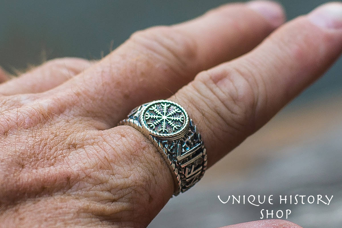 Viking Odin Ring - Helm of Awe Ring - Silver Viking Ring with Aegishjalmur Symbol and Hail Odin