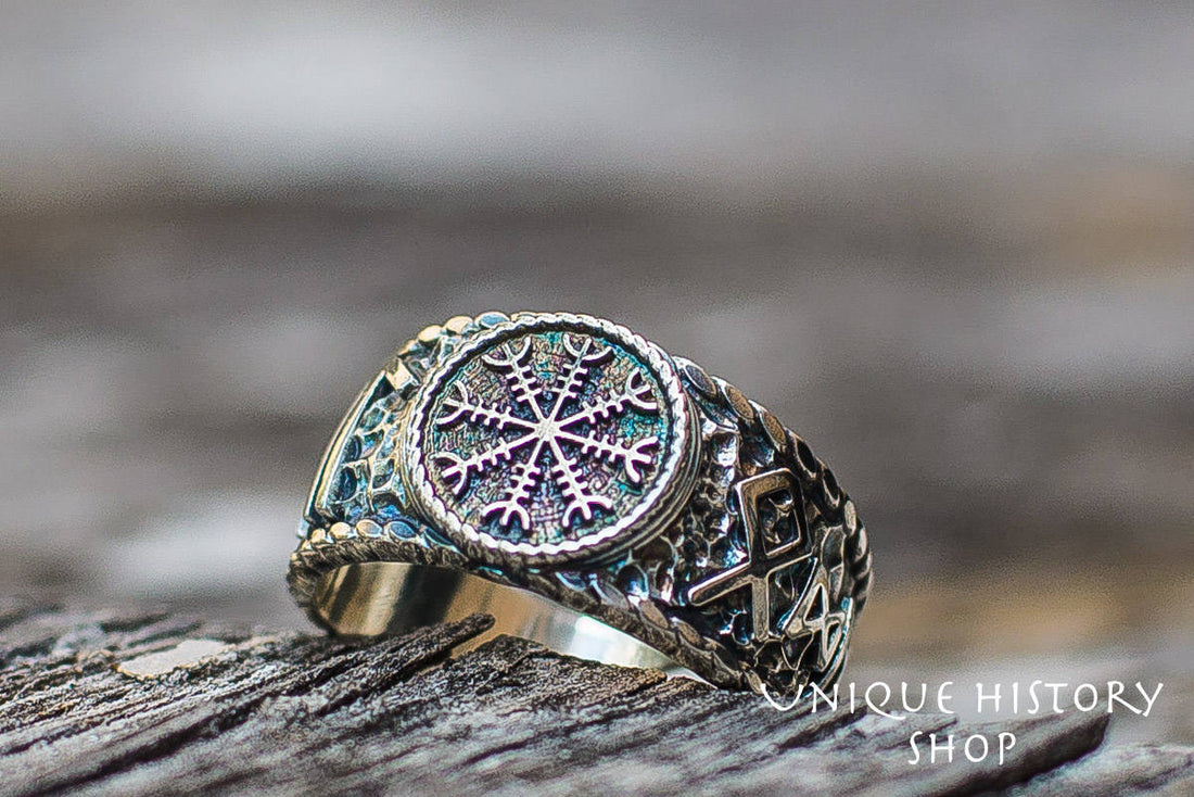 Viking Odin Ring - Helm of Awe Ring - Silver Viking Ring with Aegishjalmur Symbol and Hail Odin