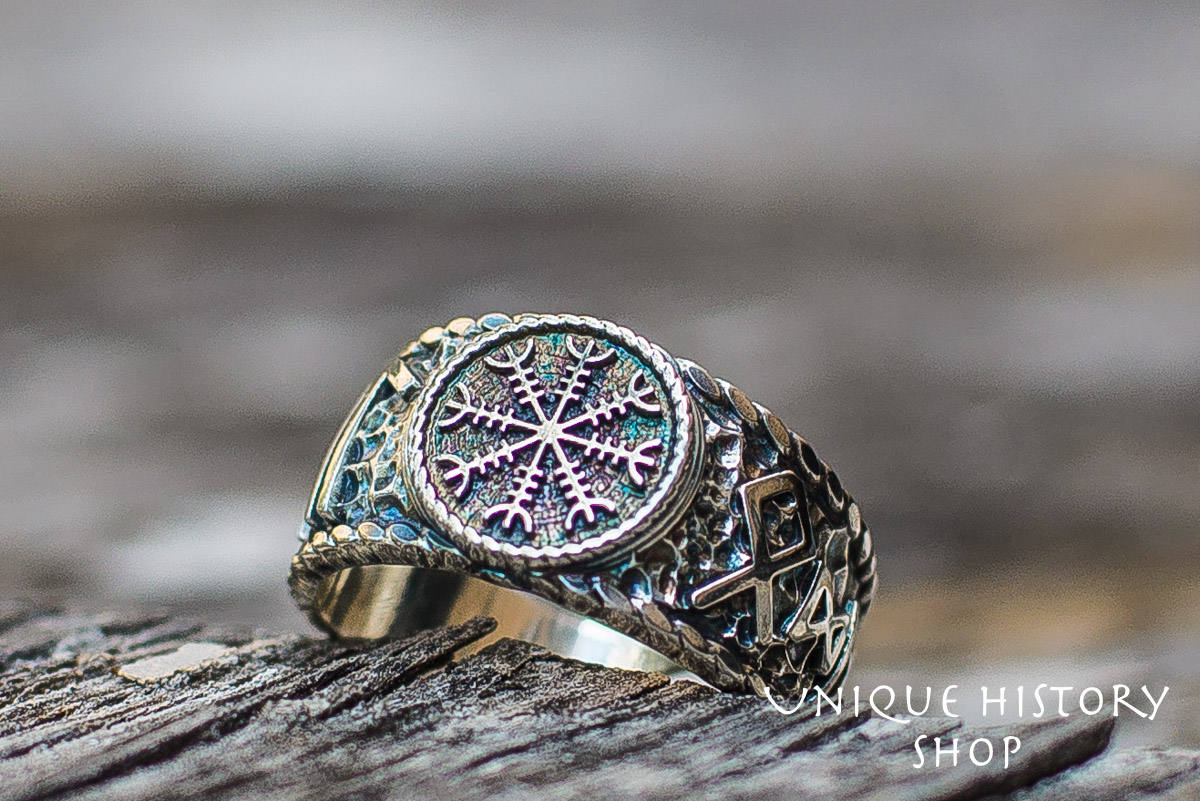Viking Odin Ring - Helm of Awe Ring - Silver Viking Ring with Aegishjalmur Symbol and Hail Odin