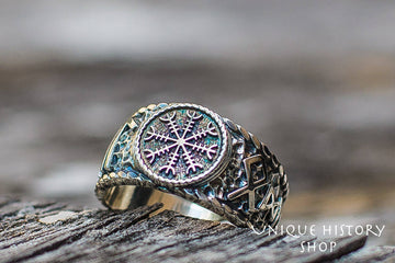 Viking Odin Ring - Helm of Awe Ring - Silver Viking Ring with Aegishjalmur Symbol and Hail Odin