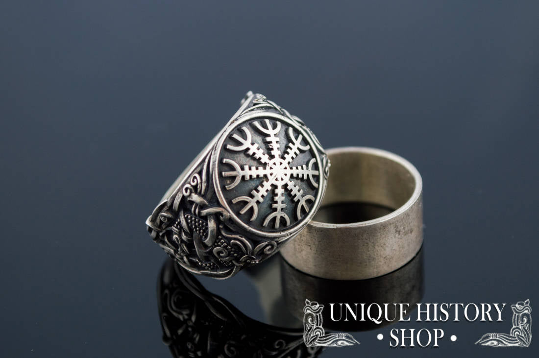 Viking Odin Ring - Helm of Awe Ring - Silver Viking Ring with Aegishjalmur Symbol and Hail Odin