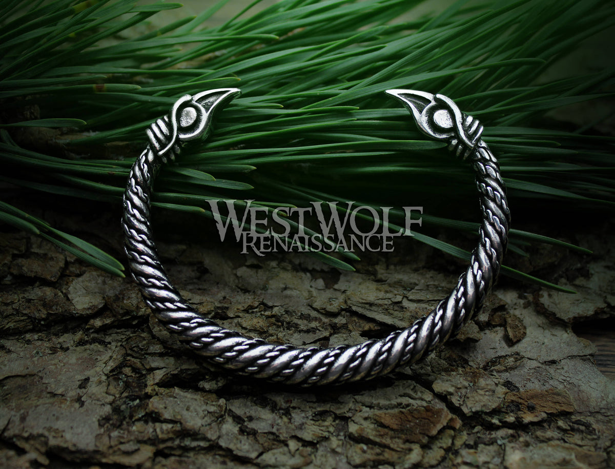Viking Odin Bracelet - Silver Viking Raven Torc with Odin's Ravens Hugin and Munin — Norse
