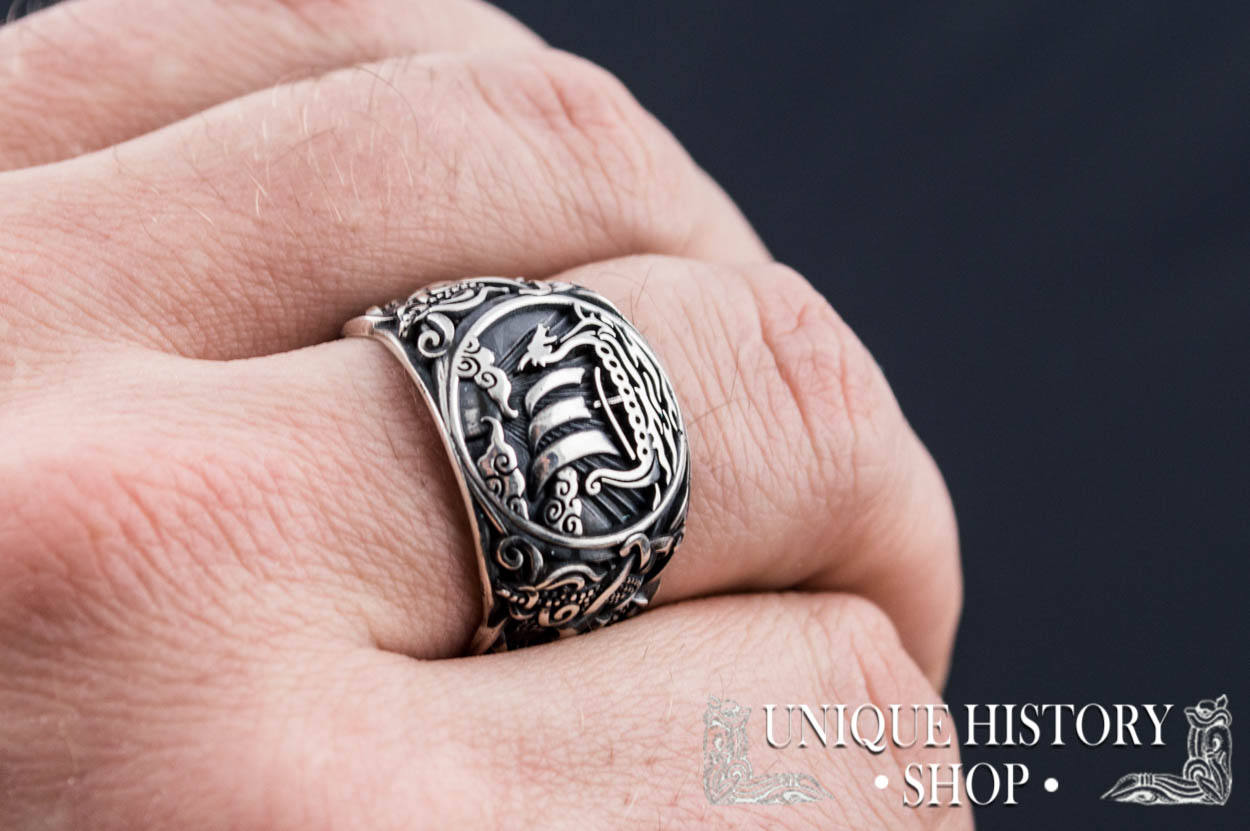 Viking Longship Ring - Silver Viking Ship Ring, Drakkar Ring with Old Viking Ornament, Norse