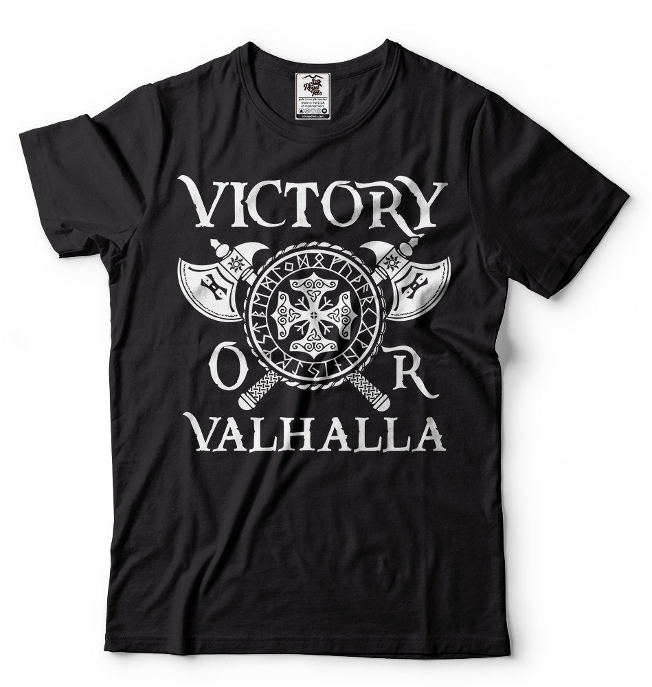 Viking Valhalla T-Shirt - Victory Or Valhalla - Distressed American Viking Skull T-Shirt: Patriotic