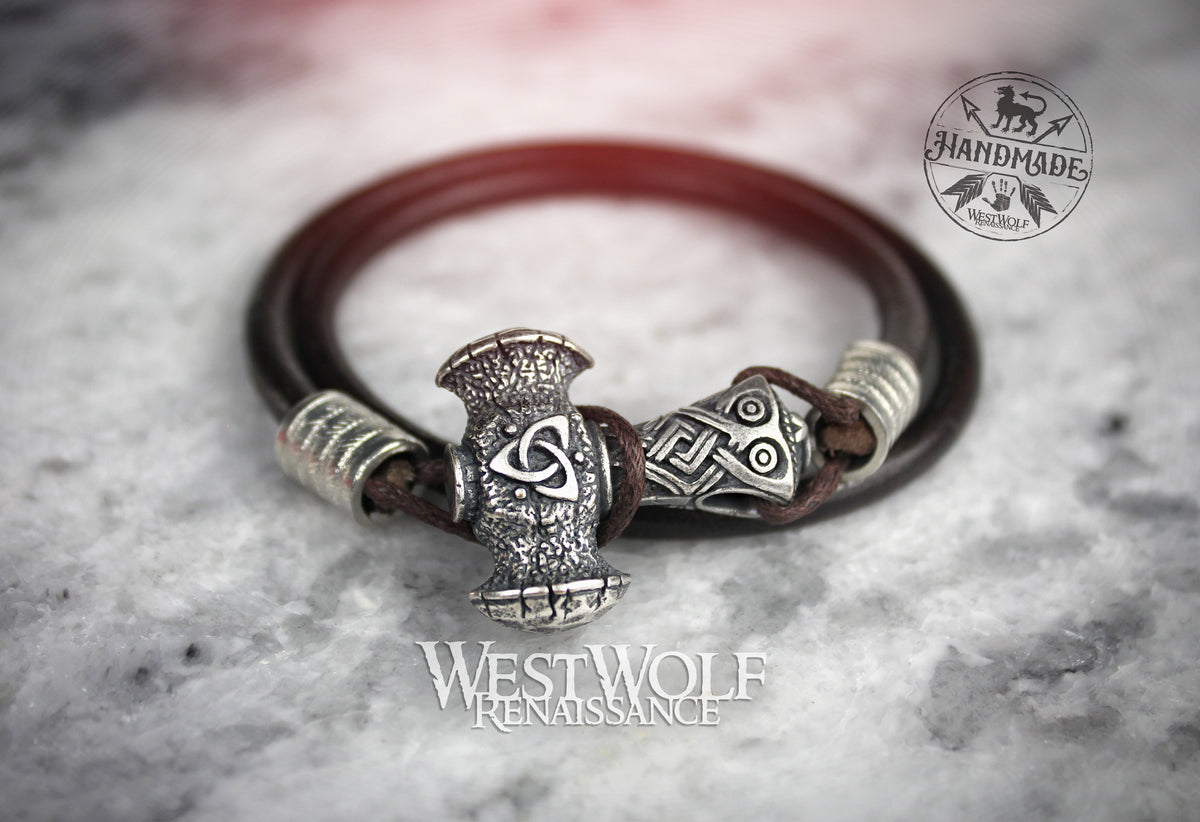 Viking Thor's Hammer Bracelet - Mjolnir Bracelet with Thor Hammer, Braided Viking Leather Bracelet