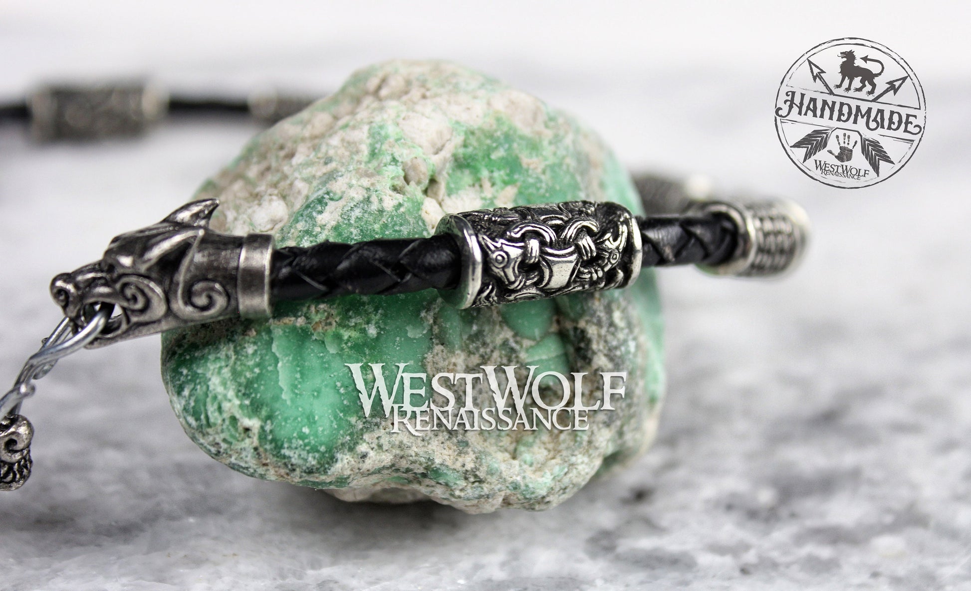 Viking Odin Necklace - Viking Fenrir Wolf Necklace with Beads & Braided Leather Band —