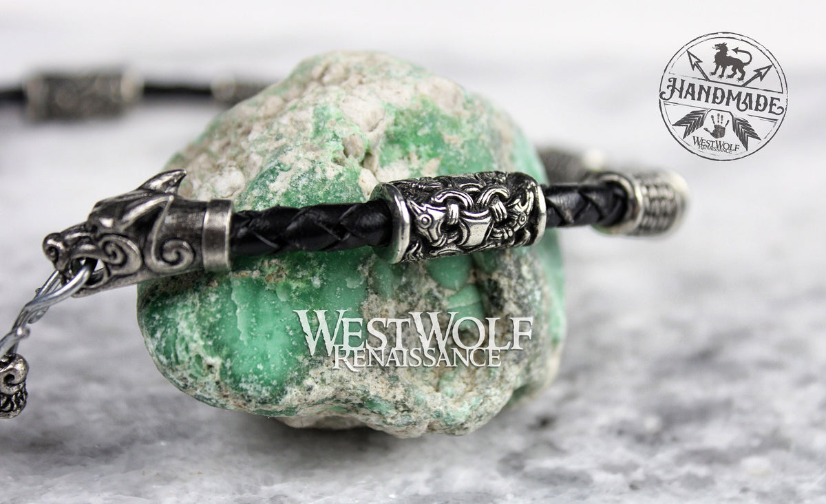 Viking Odin Necklace - Viking Fenrir Wolf Necklace with Beads & Braided Leather Band —