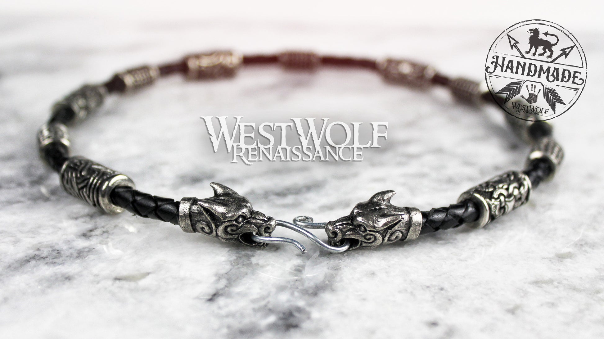 Viking Odin Necklace - Viking Fenrir Wolf Necklace with Beads & Braided Leather Band —