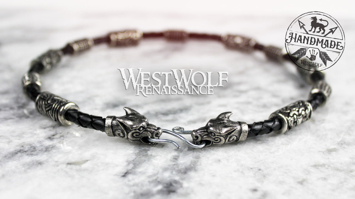 Viking Odin Necklace - Viking Fenrir Wolf Necklace with Beads & Braided Leather Band —