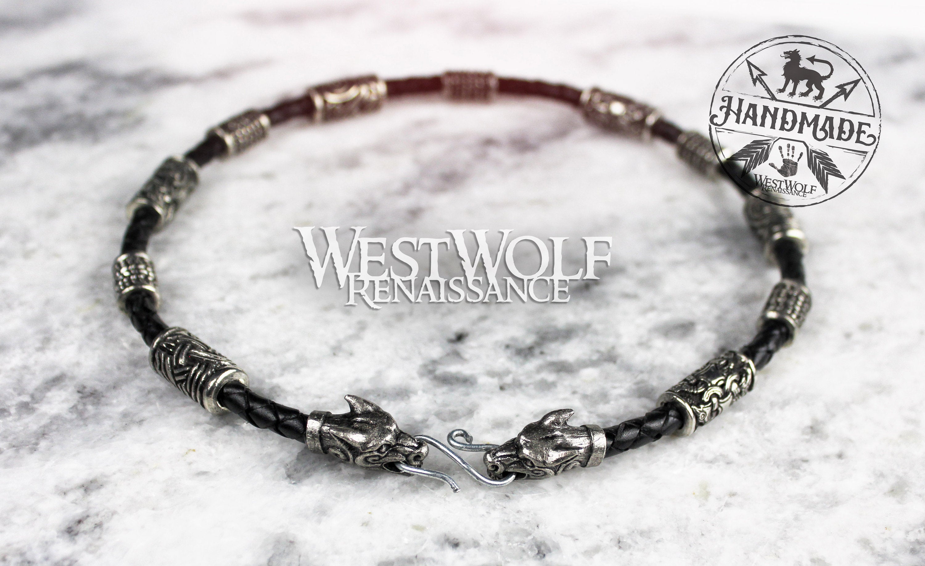 Viking Odin Necklace - Viking Fenrir Wolf Necklace with Beads & Braided Leather Band —