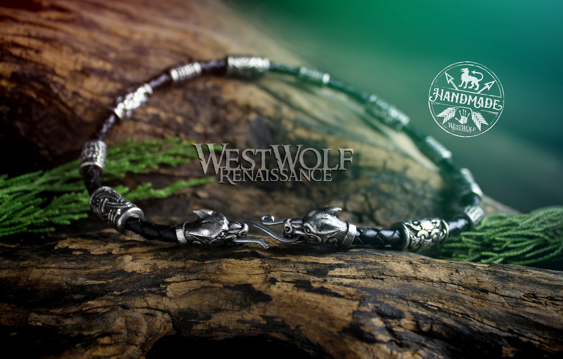 Viking Odin Necklace - Viking Fenrir Wolf Necklace with Beads & Braided Leather Band —