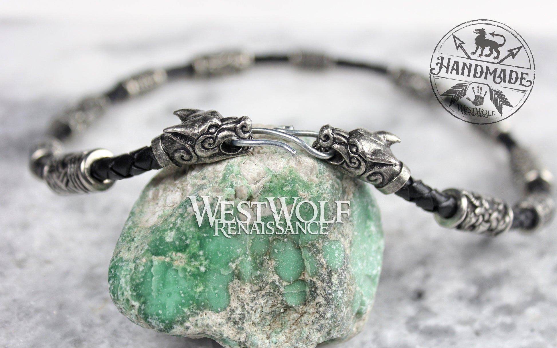 Viking Odin Necklace - Viking Fenrir Wolf Necklace with Beads & Braided Leather Band —