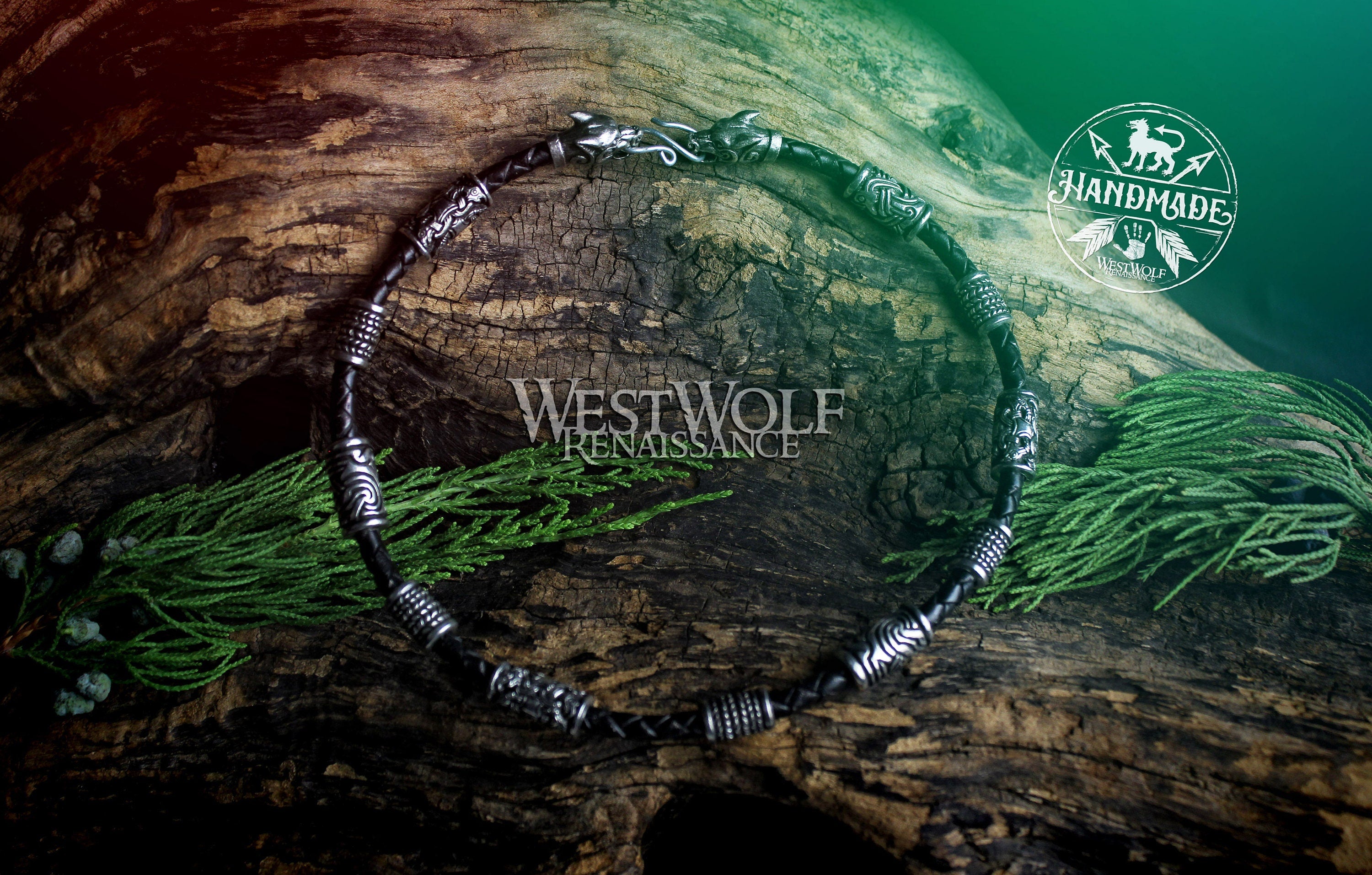 Viking Odin Necklace - Viking Fenrir Wolf Necklace with Beads & Braided Leather Band —