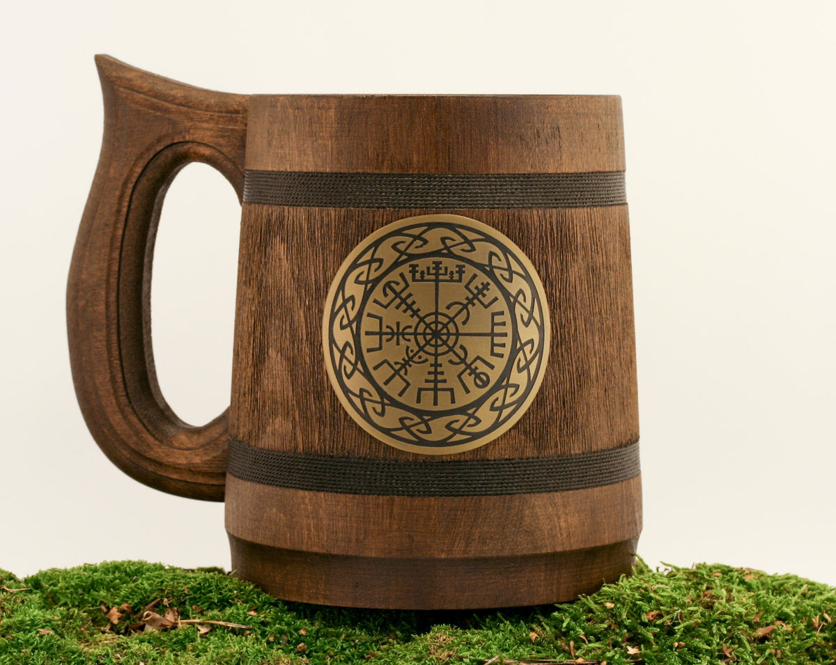 Viking Mug - Handcrafted Viking Compass Wooden Mug, Engraved Brass Plaque