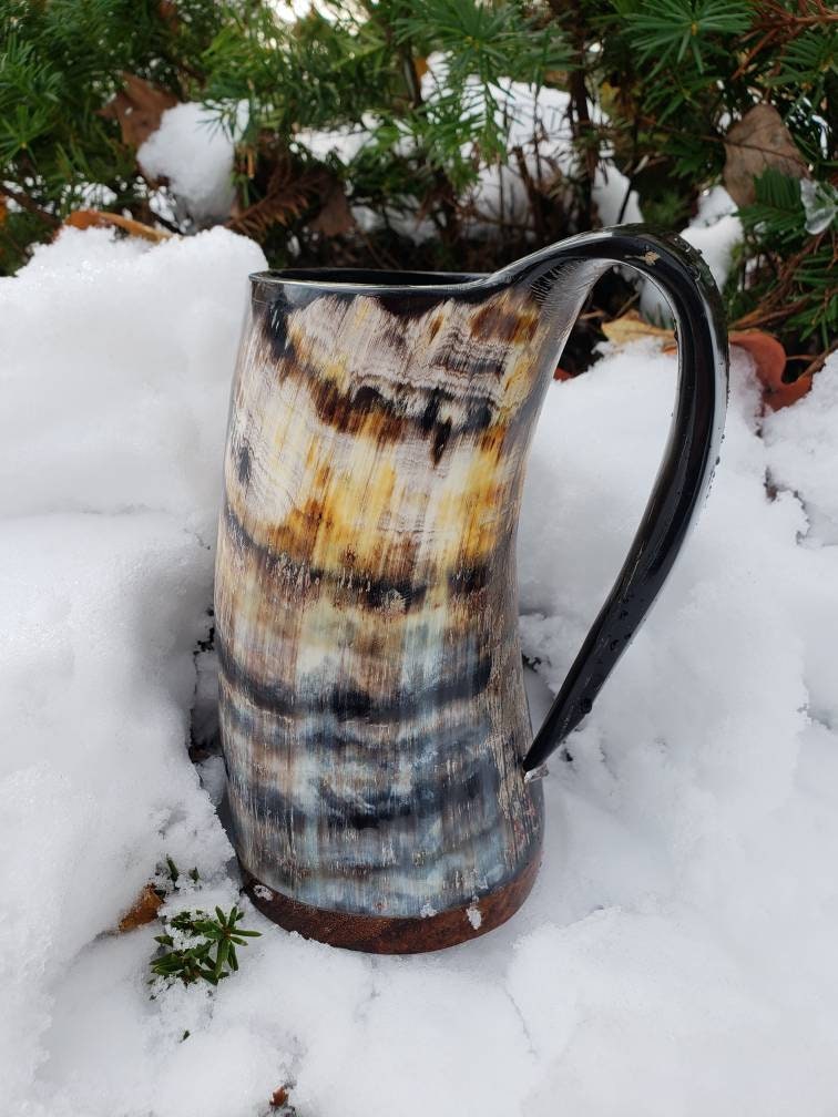 Viking Mug - Handmade Viking Horn Mug, Authentic Natural Ox Horn Tankard, 8 oz Drinking Mug for