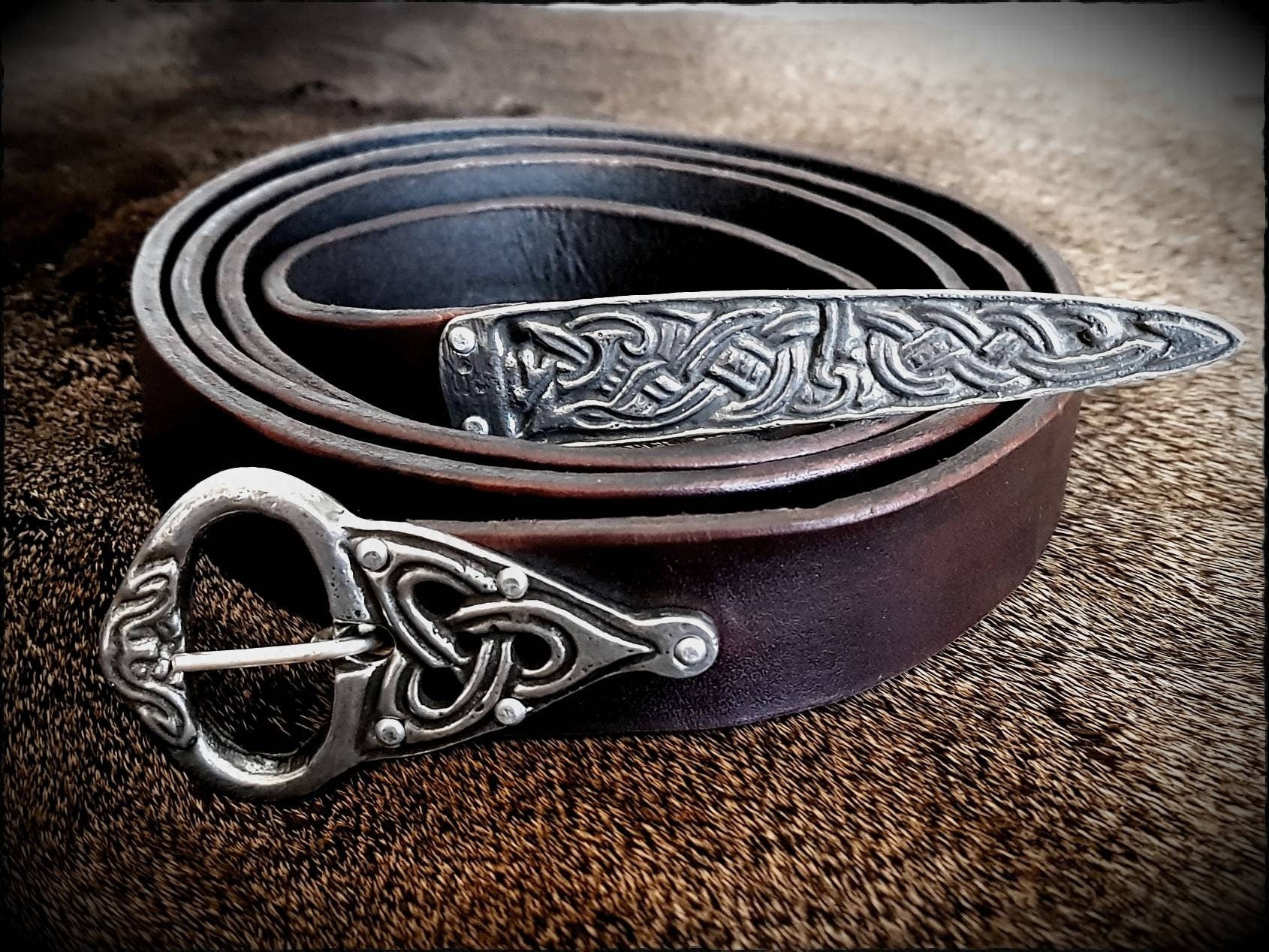 Viking Leather Accessory - Embossed Viking belt from brown or black 3, 2mm leather, with bronze