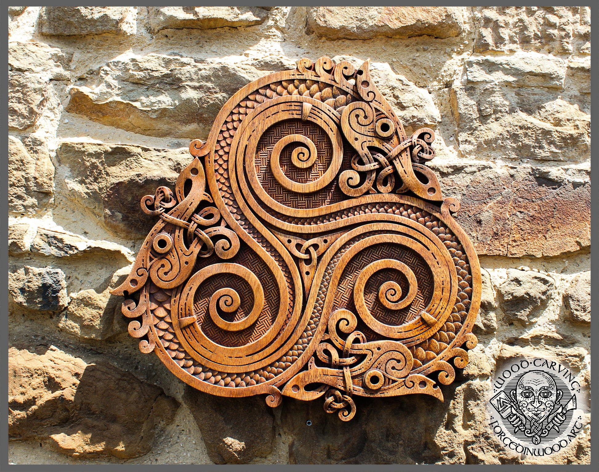 Viking Valknut Home Decor - Hand-Carved Wooden Ouroboros with Valknut, Viking Dragon Wall Decor