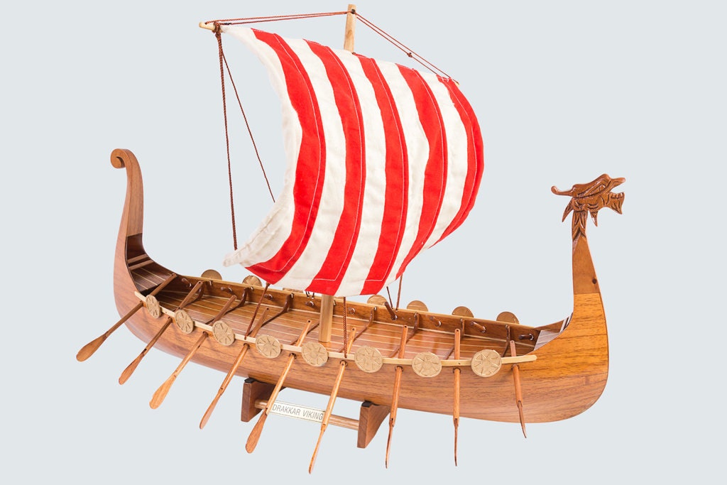 Viking Home Decor - Viking Ship Wooden Sculpture, Nordic Longboat Table Decor, Medieval Boat