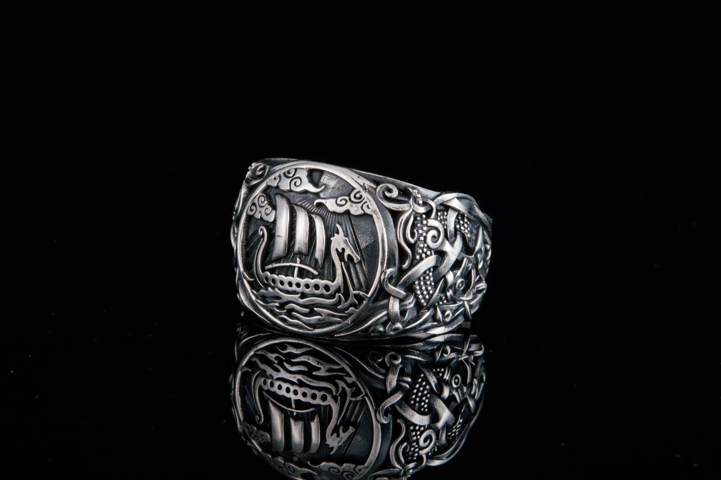 Viking Longship Ring - Silver Viking Ship Ring, Drakkar Ring with Old Viking Ornament, Norse