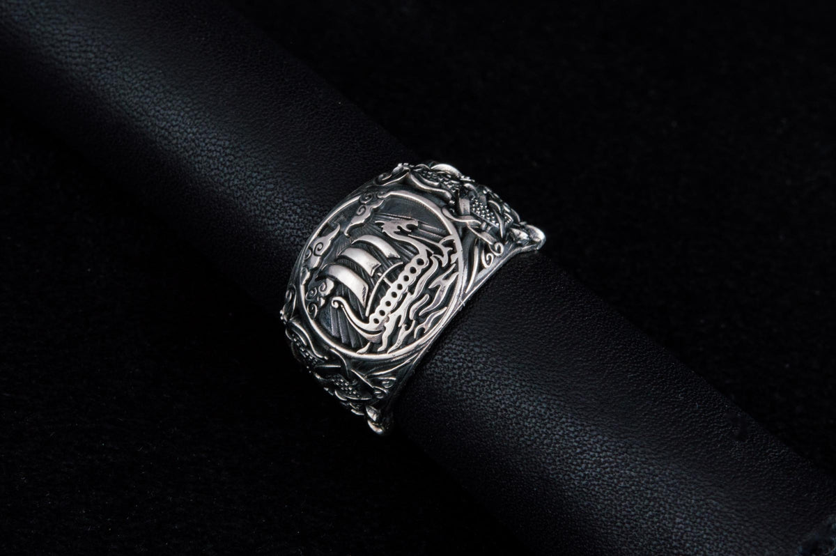 Viking Longship Ring - Silver Viking Ship Ring, Drakkar Ring with Old Viking Ornament, Norse