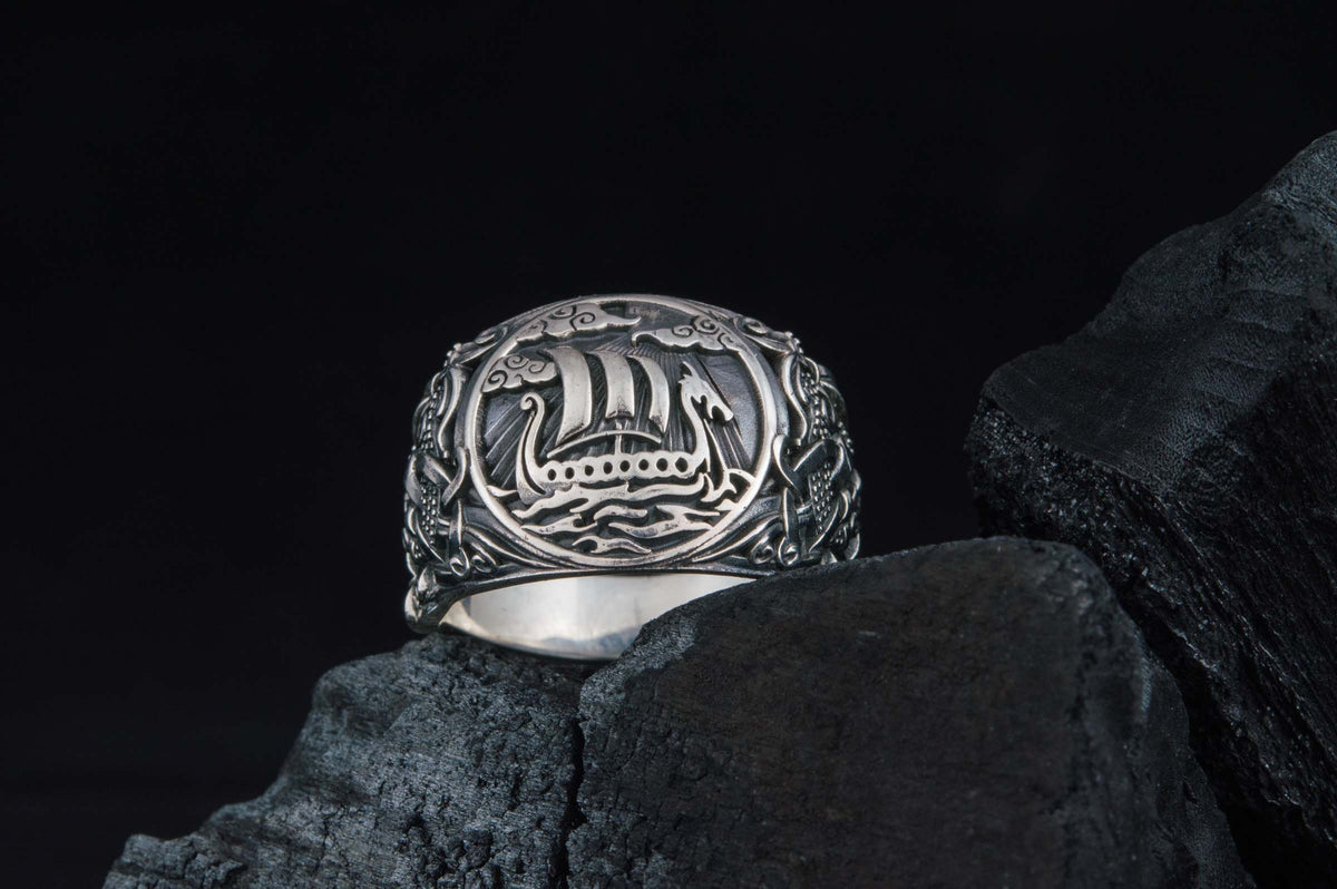 Viking Longship Ring - Silver Viking Ship Ring, Drakkar Ring with Old Viking Ornament, Norse