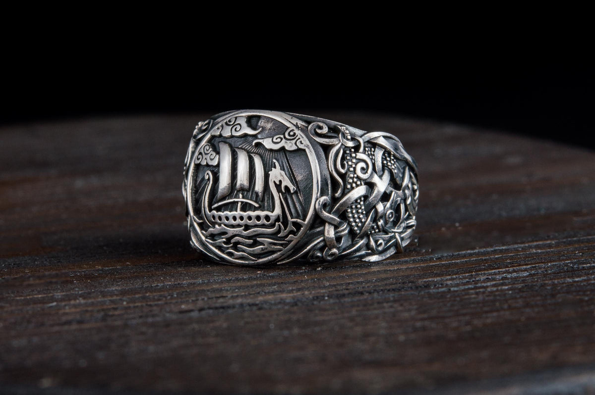Viking Longship Ring - Silver Viking Ship Ring, Drakkar Ring with Old Viking Ornament, Norse