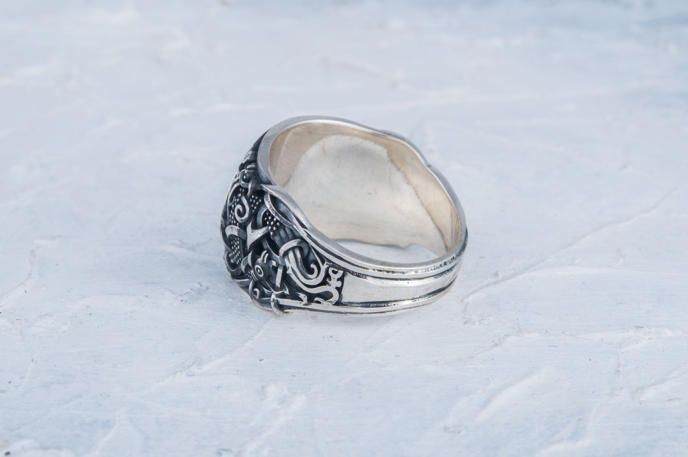 Viking Longship Ring - Silver Viking Ship Ring, Drakkar Ring with Old Viking Ornament, Norse