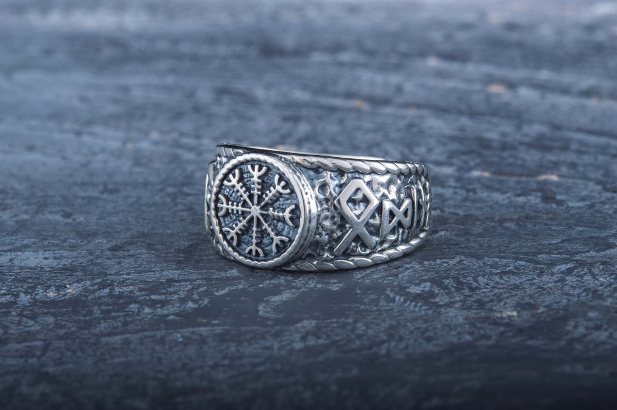 Viking Odin Ring - Helm of Awe Ring - Silver Viking Ring with Aegishjalmur Symbol and Hail Odin