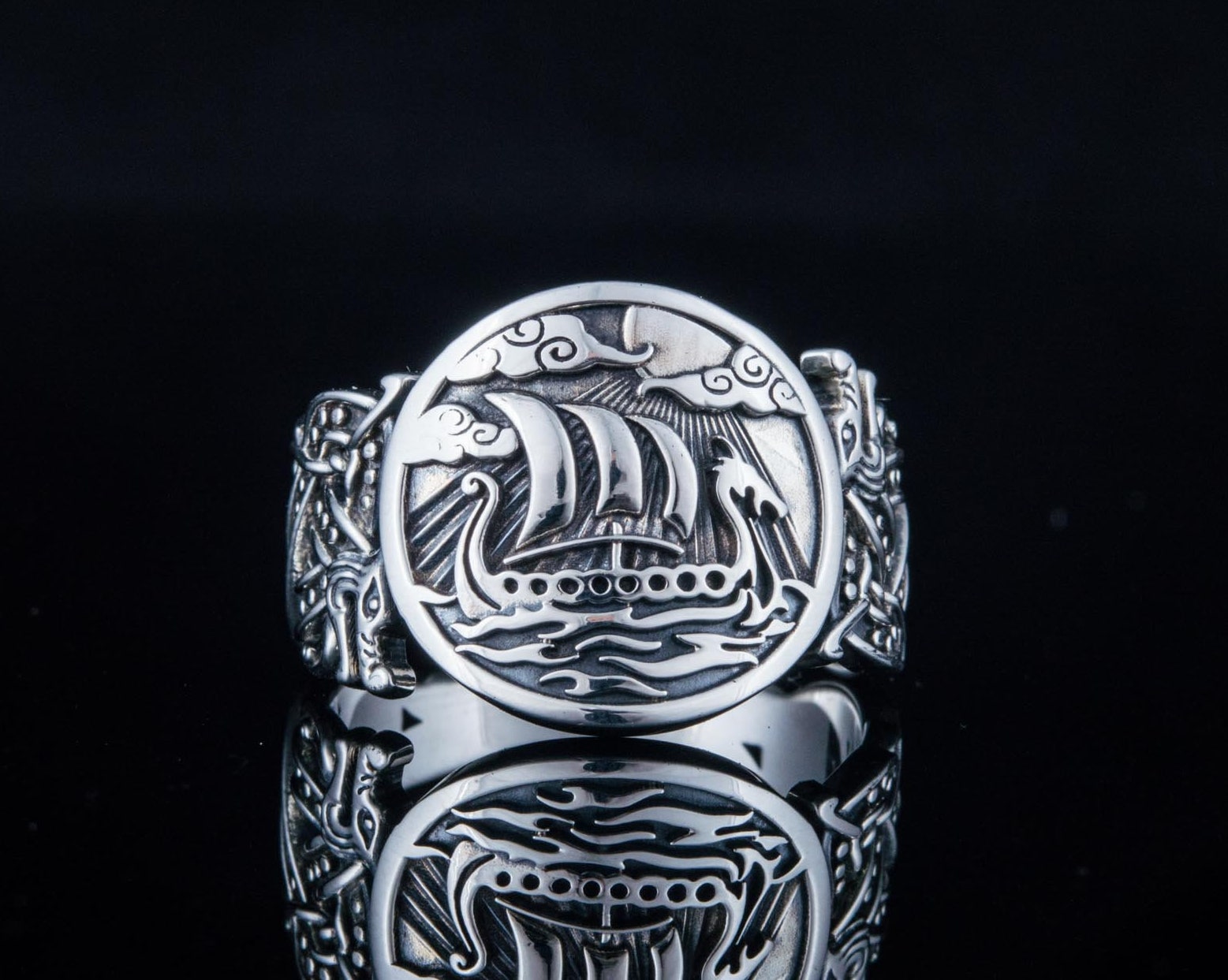 Viking Longship Ring, Oxidized Sterling Silver Band, Ocean Wave Jewelry