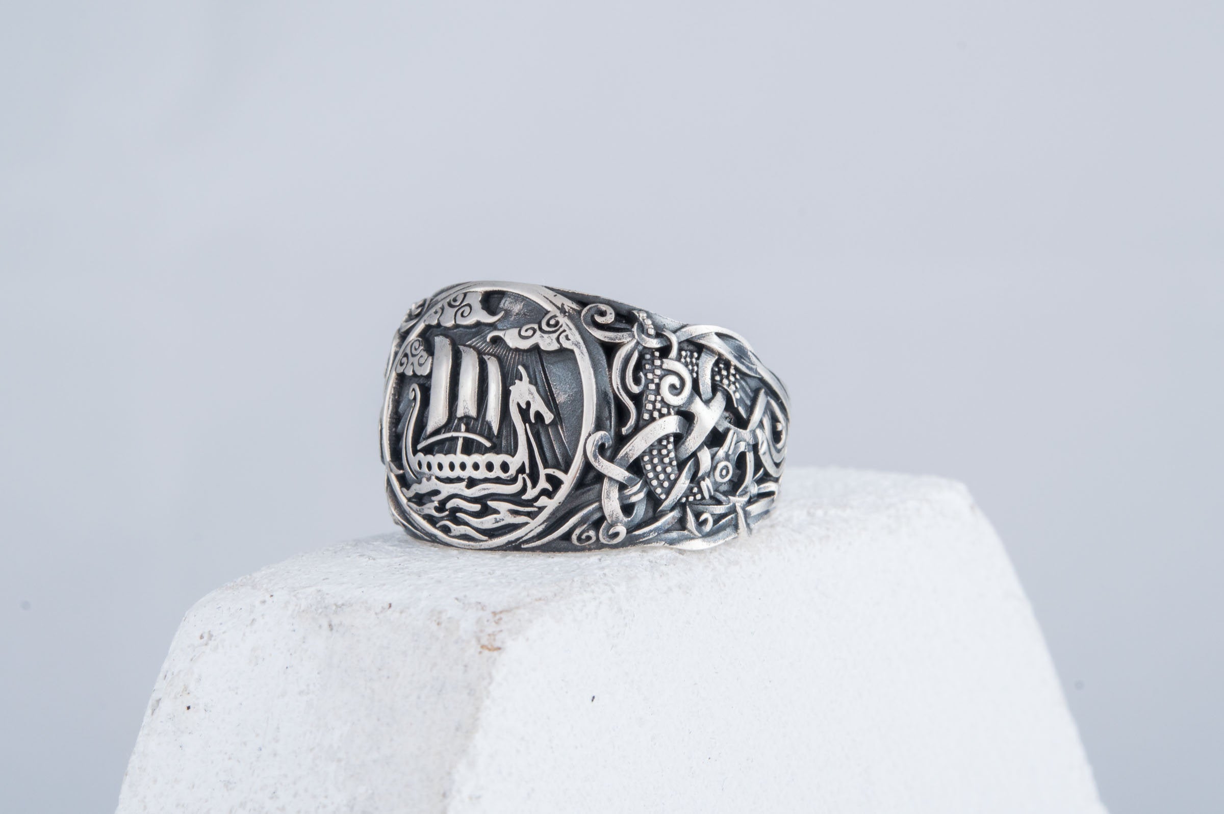 Viking Longship Ring - Silver Viking Ship Ring, Drakkar Ring with Old Viking Ornament, Norse