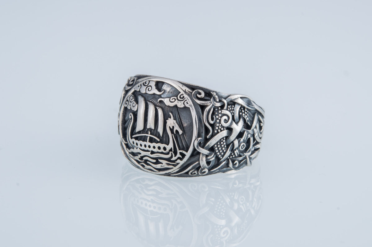 Viking Longship Ring, Oxidized Sterling Silver Band, Ocean Wave Jewelry