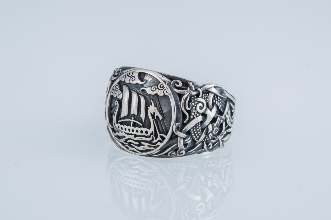 Viking Longship Ring - Silver Viking Ship Ring, Drakkar Ring with Old Viking Ornament, Norse
