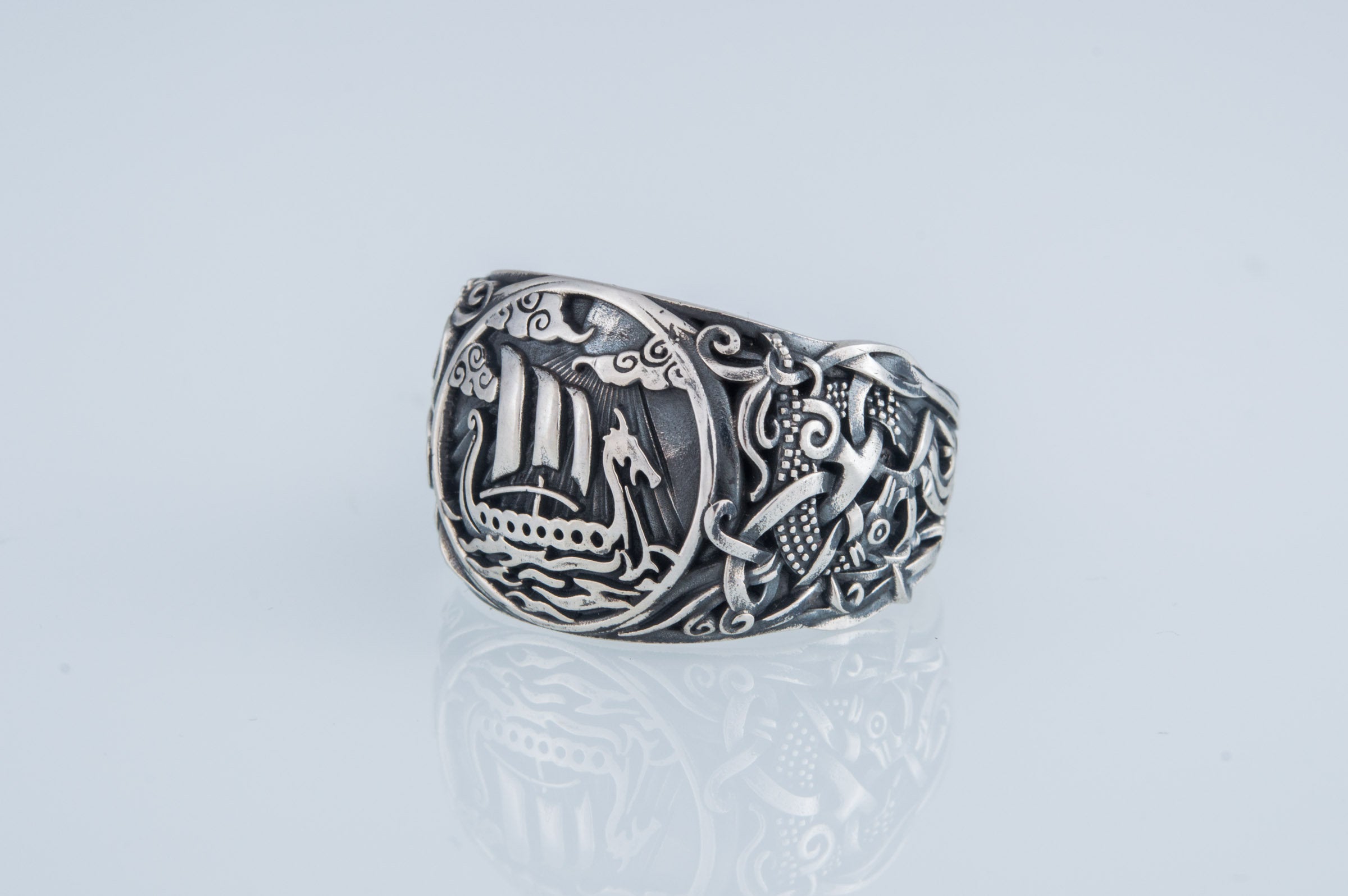 Viking Longship Ring - Silver Viking Ship Ring, Drakkar Ring with Old Viking Ornament, Norse