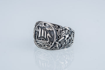 Viking Longship Ring - Silver Viking Ship Ring, Drakkar Ring with Old Viking Ornament, Norse