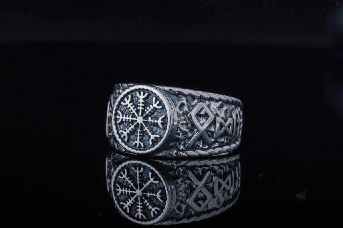 Viking Odin Ring - Helm of Awe Ring - Silver Viking Ring with Aegishjalmur Symbol and Hail Odin