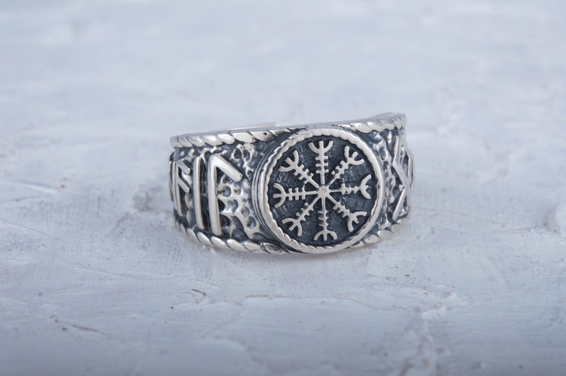 Viking Odin Ring - Helm of Awe Ring - Silver Viking Ring with Aegishjalmur Symbol and Hail Odin