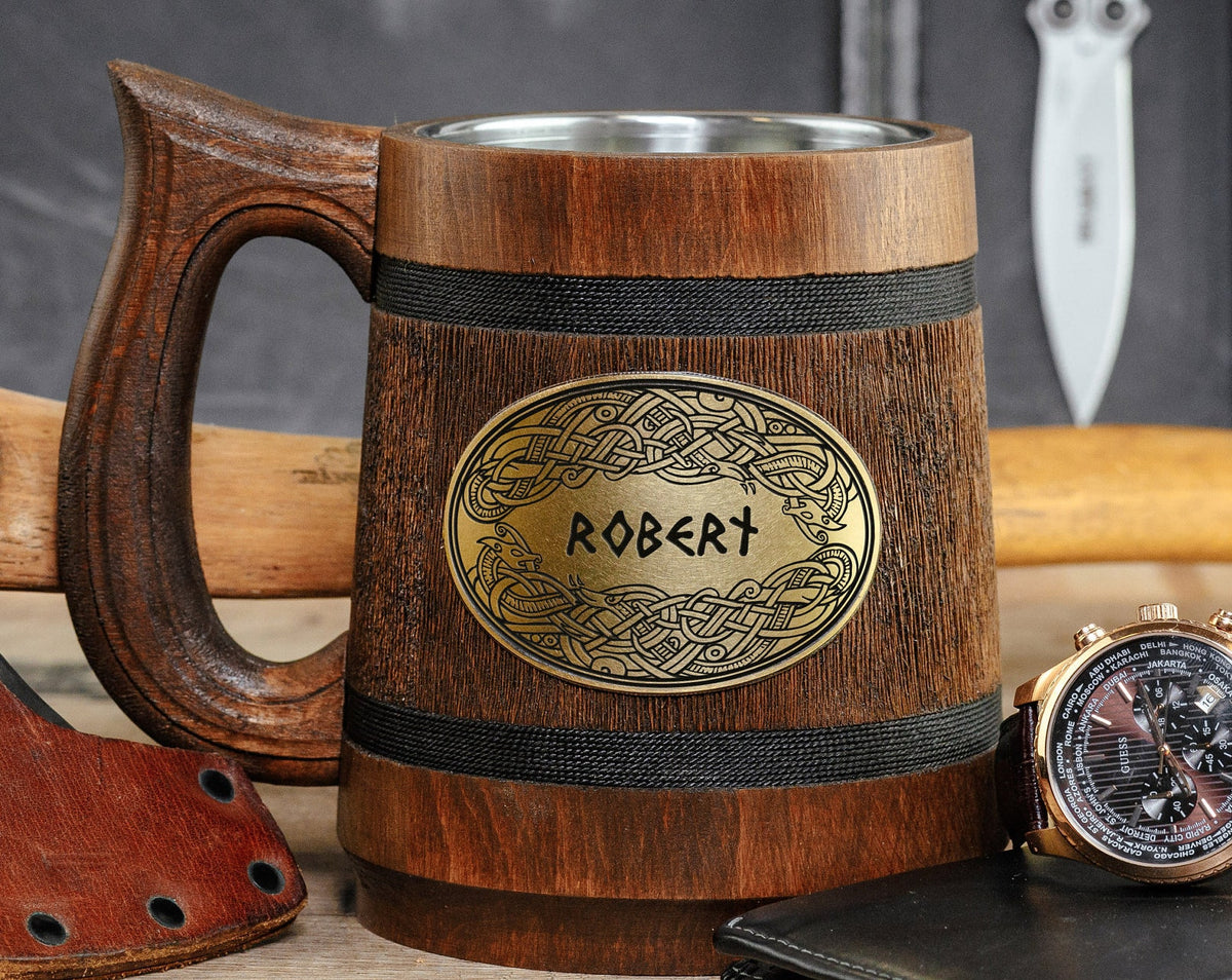 Viking Mug - Handcrafted Viking Compass Wooden Mug, Engraved Brass Plaque