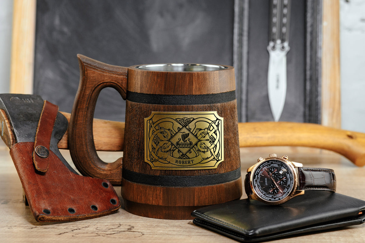 Viking Mug - Handcrafted Viking Compass Wooden Mug, Engraved Brass Plaque