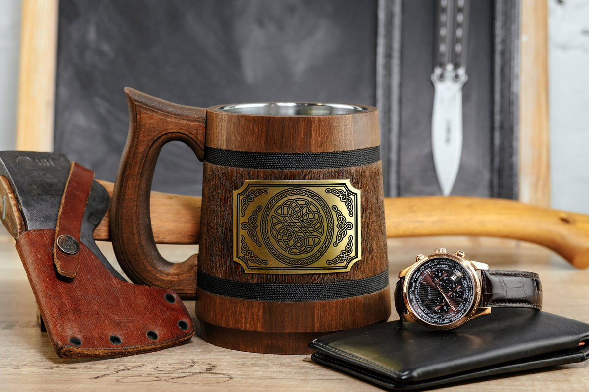 Viking Mug - Handcrafted Viking Compass Wooden Mug, Engraved Brass Plaque