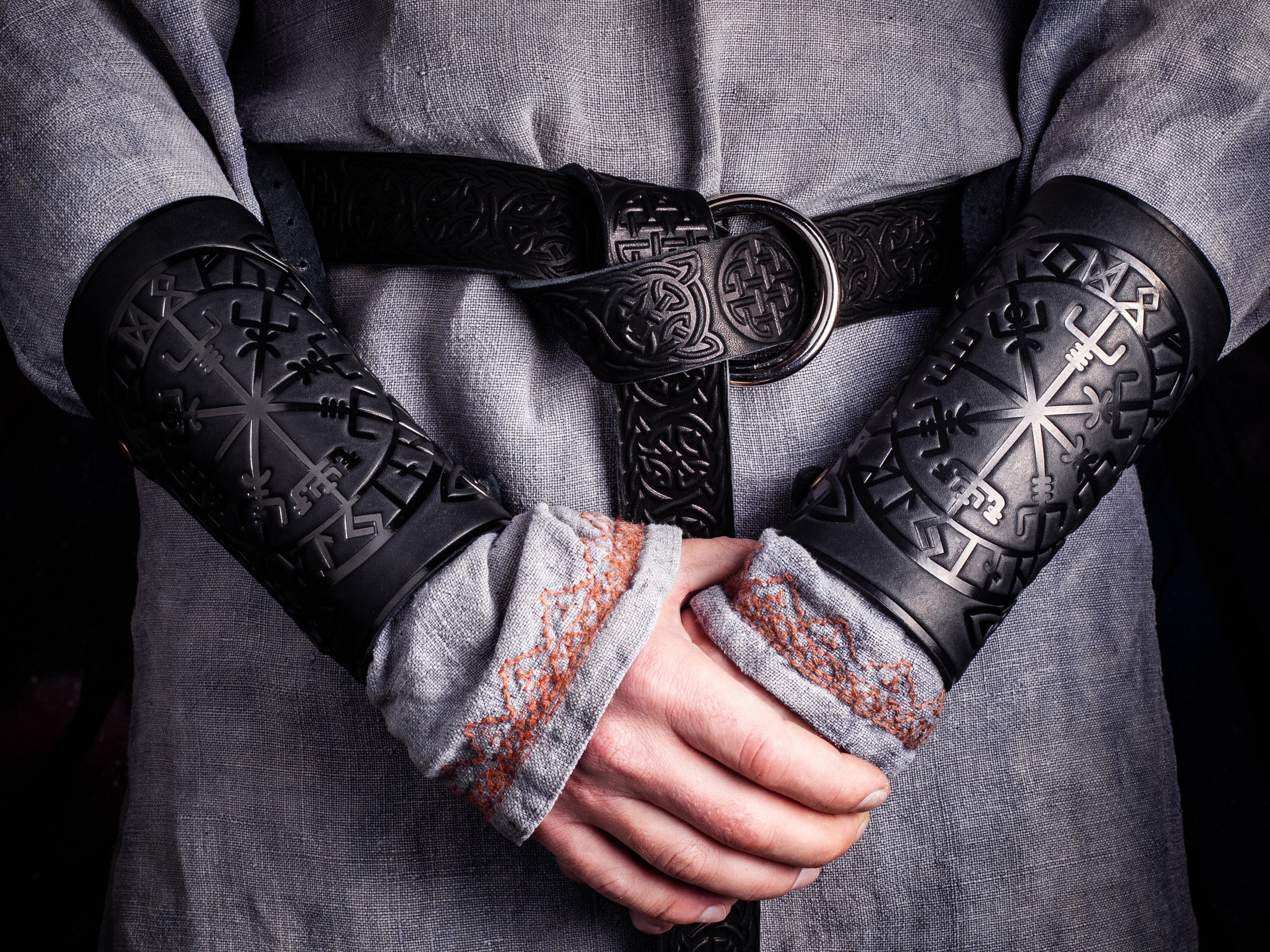 Viking Costume & LARP - 2pc Viking Fur Trim Bracers, Real Rabbit Fur Medieval Leather Arm Warmers