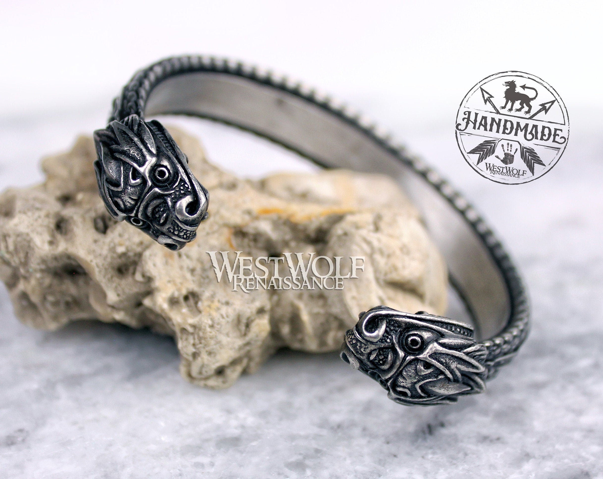 Viking Bracelet - Viking Dragon Cuff Bracelet, Stainless Steel Norse Arm Band, Midgard Serpent