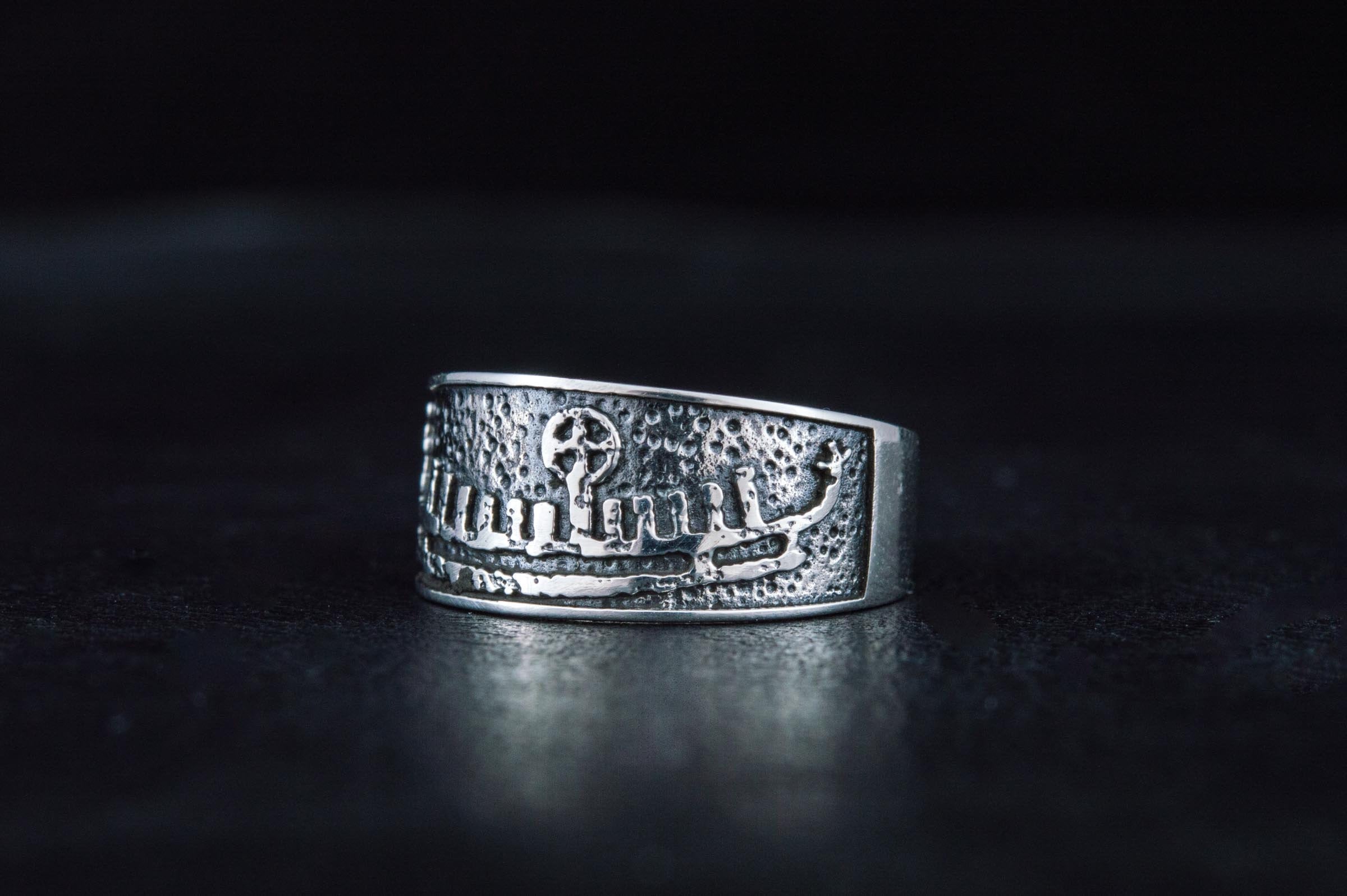 Viking Longship Ring - Silver Viking Ship Ring, Drakkar Ring with Old Viking Ornament, Norse