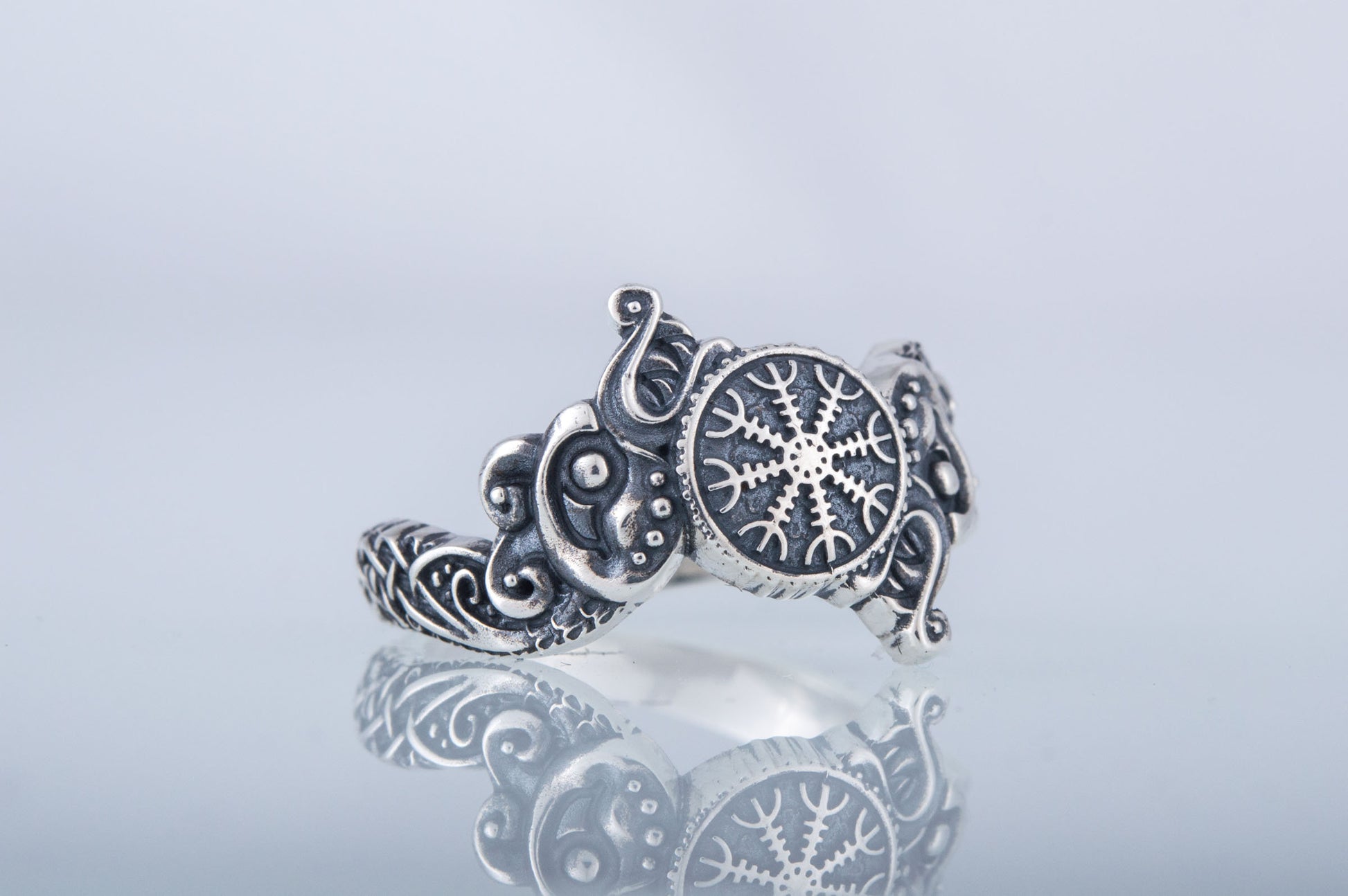 Viking Odin Ring - Helm of Awe Ring - Silver Viking Ring with Aegishjalmur Symbol and Hail Odin